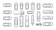 © Tina - Overhead view of various vehicles, including cars, trucks, and vans, in a detailed line art illustration.