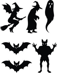  Halloween silhouette collection featuring witch, ghost, bats, and werewolf characters isolated on white background for spooky party decorations, horror design, and illustration projects
