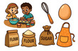 © Khmel - Collection of cute cartoon baking clip art showing two diverse kids making cupcakes, along with ingredients like flour, sugar, an egg, and tools like a whisk and an apron