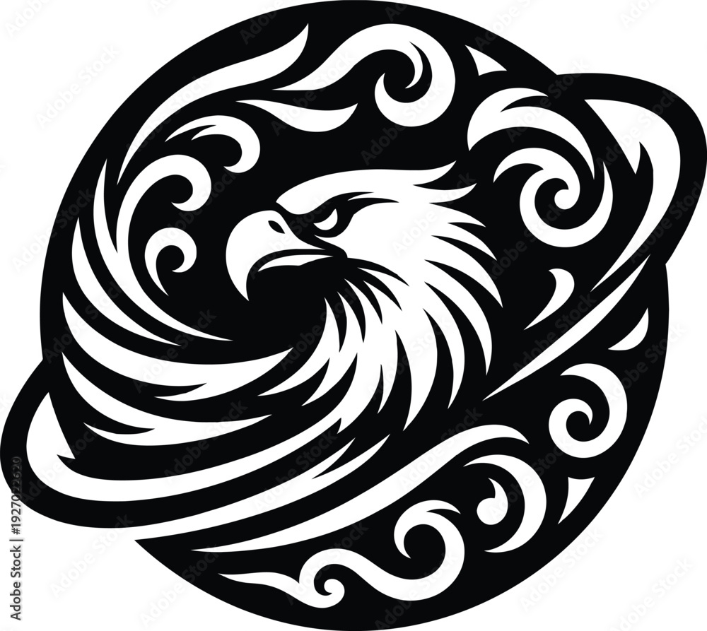 Majestic eagle head tribal mascot design with swirling circular ...