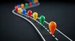 © Jakirul - Colorful map pins marking a winding path on a dark surface, symbolizing a journey, progress, strategic planning, or a roadmap to success.