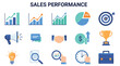 © RAKIB - Sales performance icons set flat vector illustration with business growth analytics communication financial success strategy symbols