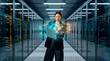 © Rendara Studio - Cybersecurity analyst monitoring data servers with holographic network interface in data center