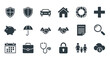 © Rou - Insurance Icons Set: Shield, Car, House, Piggy Bank, Umbrella, Stethoscope, Lock