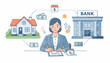 © Shafayet Alam - Woman signing a mortgage contract to buy a new home from a bank. Concept of real estate investment, property loan, and financial planning with bank building, house, money, and interest rates.