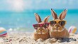 © neirfy - two cute Easter bunniesin sunglasses on vacation by beach coast.