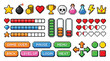 © STM  2.0 - Pixel game icon. Retro video games element, arcade UI button, digital console 8-bit interface, pixels heart, bomb, star, menu buttons controller item. Vector set