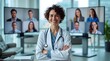 © Nathan - A confident female doctor with curly hair stands before multiple screens, connecting with virtual patients in a modern telehealth setting.