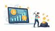 © Abdullah - Bitcoin mining concept illustration with a man using a pickaxe to extract digital currency from a rock next to a laptop showing financial growth charts and crypto coins for business success.