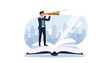 © Abdullah - Businessman Standing on a Large Open Book Looking Through a Telescope Towards a City Skyline, Concept of Research, Investigation, Curiosity, Business Vision, Strategy, and Future Growth Success.