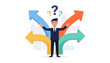 © ISRATJAHAN - Confused Businessman Standing at Crossroads with Four Colorful Arrows Pointing in Different Directions, Making a Difficult Choice or Decision for Career Path, Business Strategy, and Future Success.