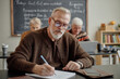 © Seventyfour - Middle aged Caucasian man wearing glasses sitting at desk, writing in notebook during classroom lesson with senior Caucasian woman and senior Caucasian man studying in background