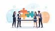 © Tahir - Professional Business Team Collaborating to Connect Large Jigsaw Puzzle Pieces on a Table, Representing Strategic Partnership, Problem Solving, Teamwork, and Successful Corporate Cooperation.