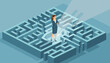 © Tahir - Businesswoman Standing in a Complex Maze Searching for the Exit, Concept of Problem Solving, Business Thinking, Strategy, Decision Making, and Finding a Way Out, Isometric Vector Illustration