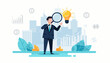 © haque - Businessman holding magnifying glass looking at glowing light bulb for business opportunity, innovation, and success concept with cityscape, financial charts, and gears in background vector art