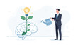 © sadia - Businessman Watering a Plant Growing from a Human Brain with a Glowing Lightbulb Flower, Metaphor for Creative Idea Growth, Personal Development, Innovation, Knowledge, and Business Strategy.