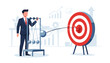 © sadia - Businessman Using Newton's Cradle to Hit Bullseye on Target for Impactful Success, Concept of Goal Achievement, Momentum, and Strategic Business Growth with Financial Charts Background Vector