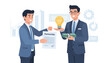 © Nusrat - Two businessmen in suits making a deal with a partnership agreement, one holding a glowing light bulb for a creative idea and the other offering cash for investment, startup funding, and success.