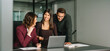 © Stock 4 You - Diverse colleagues coworkers group of professional business people discussing project. Mature Latin business woman and European young team working using laptop computer in office. Banner, copy space