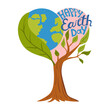 © _aine_ - Vibrant Earth Day card featuring a heart-shaped composition with world globe integrated into a flourishing tree with green leaves. Stylized Happy Earth Day text promotes environmental care.