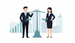 © Uzair - Gender equality in corporate business vector concept featuring a professional businessman and businesswoman standing by a large scale of justice with city skyline and financial growth chart.