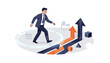 © Uzair - Businessman Stepping Out of His Comfort Zone for Career Growth and Success. Vector Illustration of a Professional Man Taking a Risk, Moving Towards Upward Arrows and New Business Opportunities.