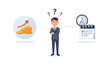 © Uzair - Businessman Making Choice Between Money and Time Concept. Thinking Professional Analyzing Options with Gold Coins Growth Arrow and Clock Calendar Icons. Decision Making Vector Illustration.