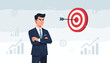 © Uzair - Focused Businessman in Suit Looking at Target with Arrow in Bullseye, Concept for Business Goal Achievement, Strategic Planning, Success, and Growth with Financial Bar Charts Background.