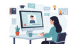© MDRAKIB - Flat design vector illustration of a woman sitting at a desk watching an online video tutorial on a computer monitor for e-learning, distance education, professional training, and web courses.
