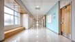 © NovaVision - Modern school hallway with wooden door and bench