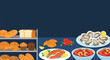 © Rayi - A colorful vector illustration of a food buffet, featuring bakery goods on shelves and seafood like grilled salmon, shrimp, and oysters.