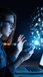 © MMerellinn - Young woman blogger with headphones and glasses uses her mobile device and laptop in a modern setting, interacting with a glowing digital network of social media icons and data streams,