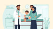 © Eko Sasmito - Muslim Family with Son Consulting Doctor for Circumcision in Clinic Illustration. This scene depicts a medical checkup or circumcision khitan consultation in a modern clinic.