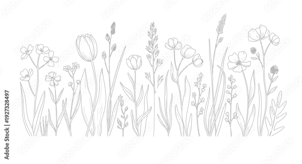 Beautiful black and white line art illustration depicting a variety of ...