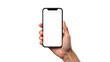 ©  PiXivio - A hand holding a white iphone with a blank screen on a black background