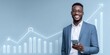© NovaVision - Smiling businessman holding smartphone with glowing financial growth chart in background