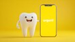 © Yallow - Smiling cartoon tooth character holds a modern smartphone displaying an urgent message.