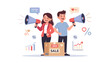 © Subol - Professional man and woman using megaphones for marketing promotion and advertising. Concept of business growth, commercial sales announcement, and retail campaign with charts and sale box.