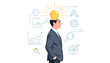 © Subol - Businessman with a glowing lightbulb in his head as a metaphor for creativity, innovation, and business discovery. Professional man surrounded by strategic icons like charts, gears, and targets.