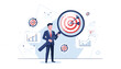 © JohnLester - Businessman holding a large magnifying glass focusing on a target with arrows in the bullseye, surrounded by business charts and graphs, representing goal setting, market analysis, and achievement.