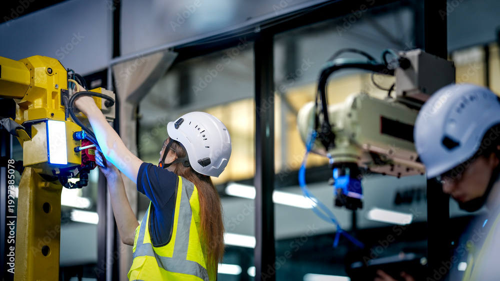 Two female robotics engineers in an R and D lab test an artificial ...