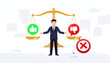 © Terrence - Businessman balancing like and dislike symbols on golden scales, representing decision making, feedback evaluation, pros and cons, ethics, and choosing between right and wrong in a corporate world.