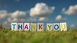 © Muhammad - Colorful letter blocks spell thank you message on green grass under the sky.