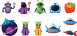 © Hosneara - Colorful sci-fi space vector set featuring cute alien characters robots flying saucer ufo spaceships and planets isolated on white background for galaxy adventure design.