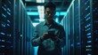 © CHI - admin. A technical professional in casual attire stands against a blurred server room with cool blue lighting accents. product launch decks.
