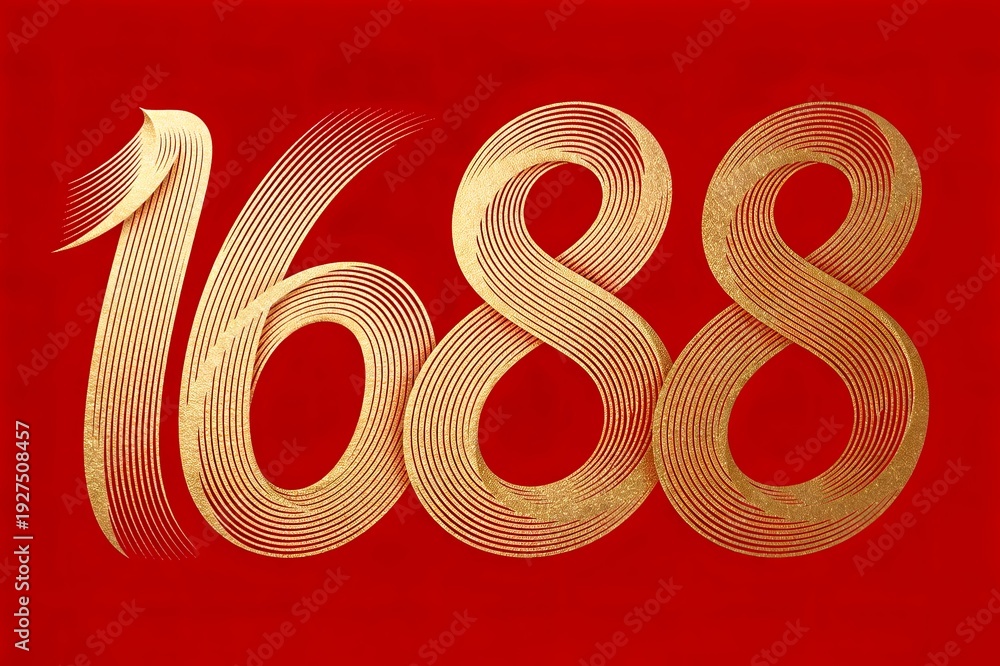 Number 1688 formed by flowing golden lines, subtle 3D gold foil emboss ...