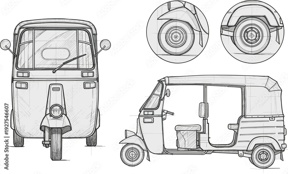 auto rickshaw technical drawing vector illustration, three wheeler tuk ...