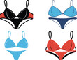 © MDBENJIR - Four colorful bikini swimsuits arranged in a grid on a white background Keywords: bikini, swimsuits, swimwear, beachwear