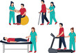 © Md - physiotherapy rehabilitation exercises with therapist assisting patient walking treadmill therapy medical recovery treatment vector illustration healthcare clinic concept design