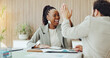 © DavidsPrime/peopleimages.com - Documents, woman and team with high five in office for campaign success, ROAS target or good news. Digital marketing, manager or man with celebration for positive feedback, brand performance or goals